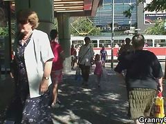 Huge titted oldie is picked up from the street and fucked